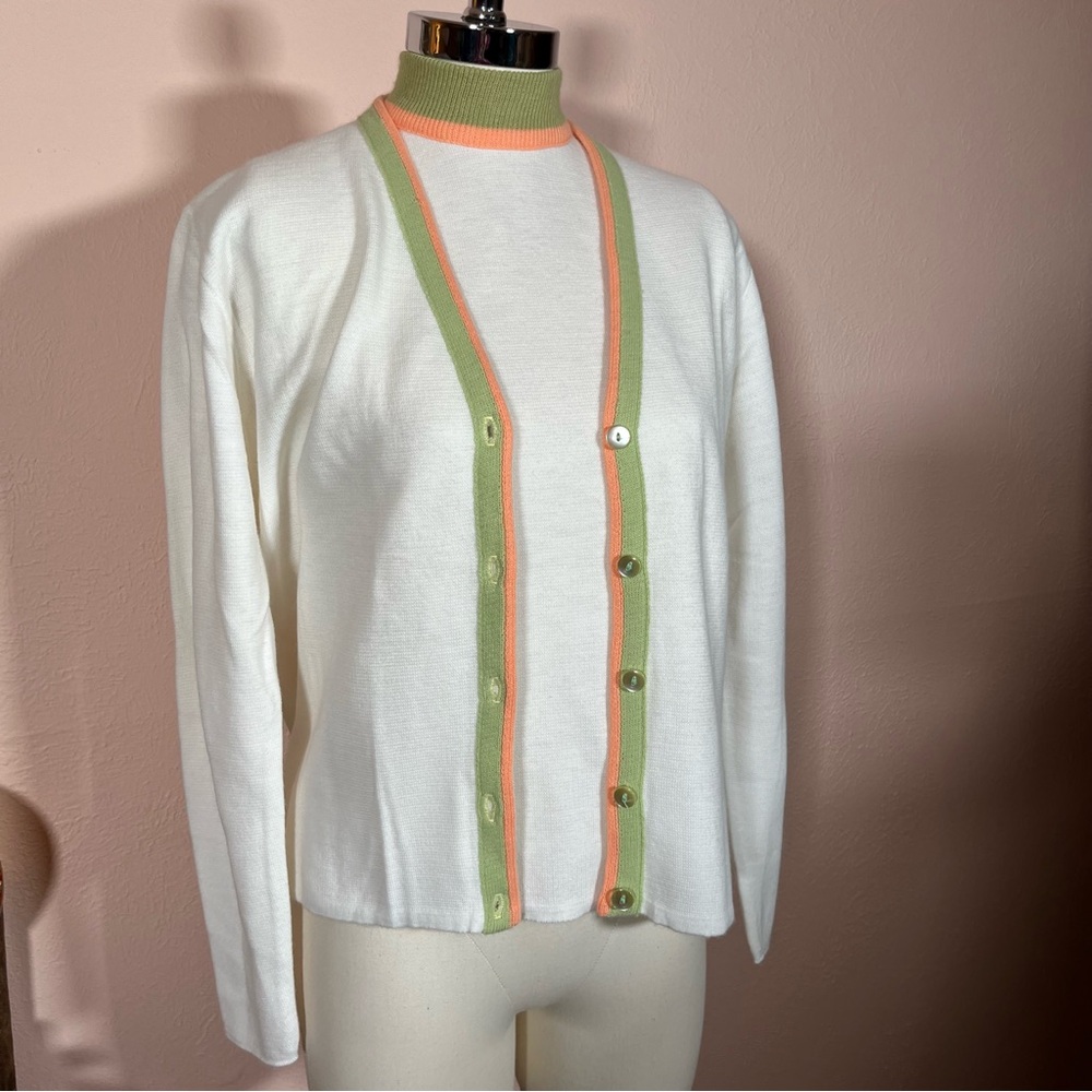 Vintage 1970 White Mock Neck Cardigan Sweater Set Minimalist Mod EUC Haymaker M
